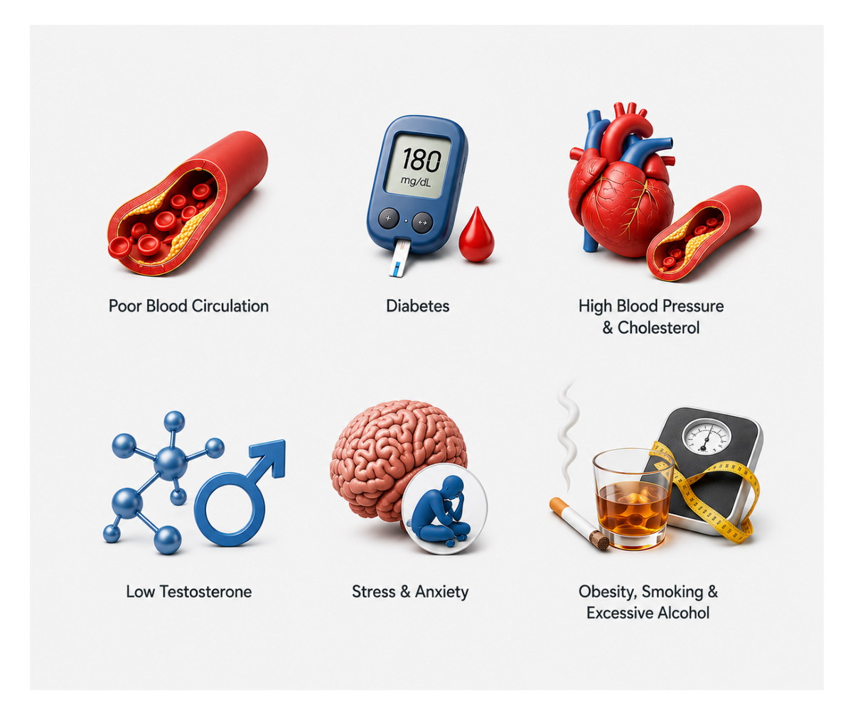 Infographic explaining common causes of erectile dysfunction, including stress, diabetes, lifestyle, and health issues.