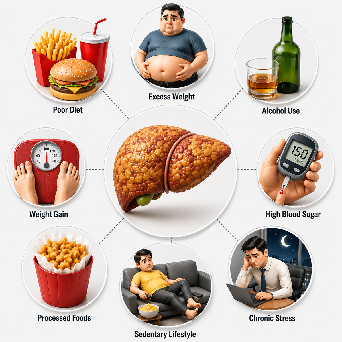 Infographic explaining common causes of fatty liver, including obesity, poor diet, alcohol, and diabetes.
