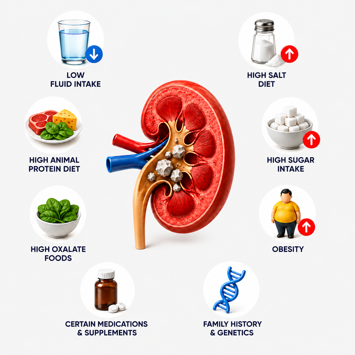 Infographic explaining common causes of kidney stones, including dehydration, diet, and mineral buildup.
