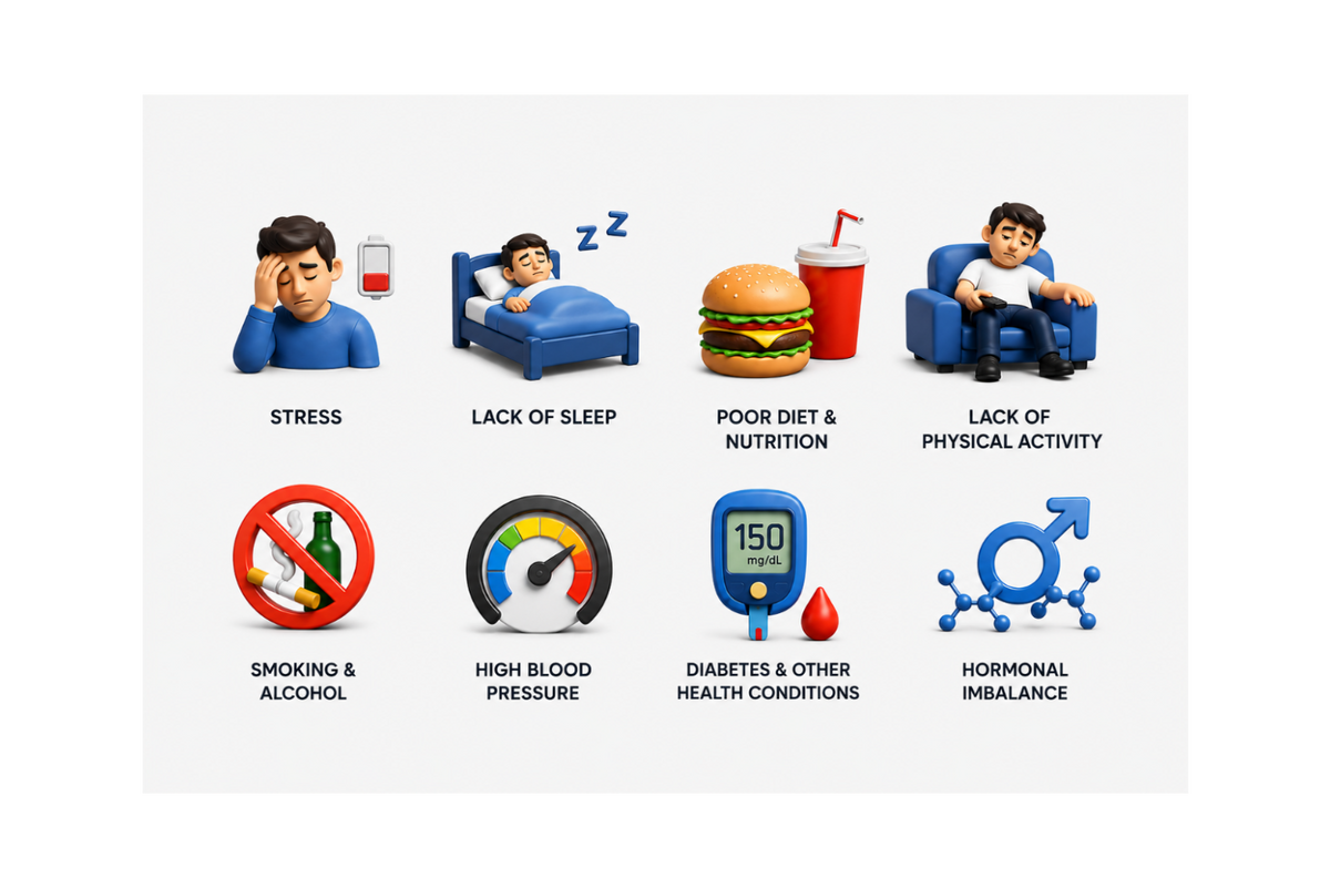 Infographic explaining common factors affecting male wellness, including stress, lifestyle, diet, and sleep.