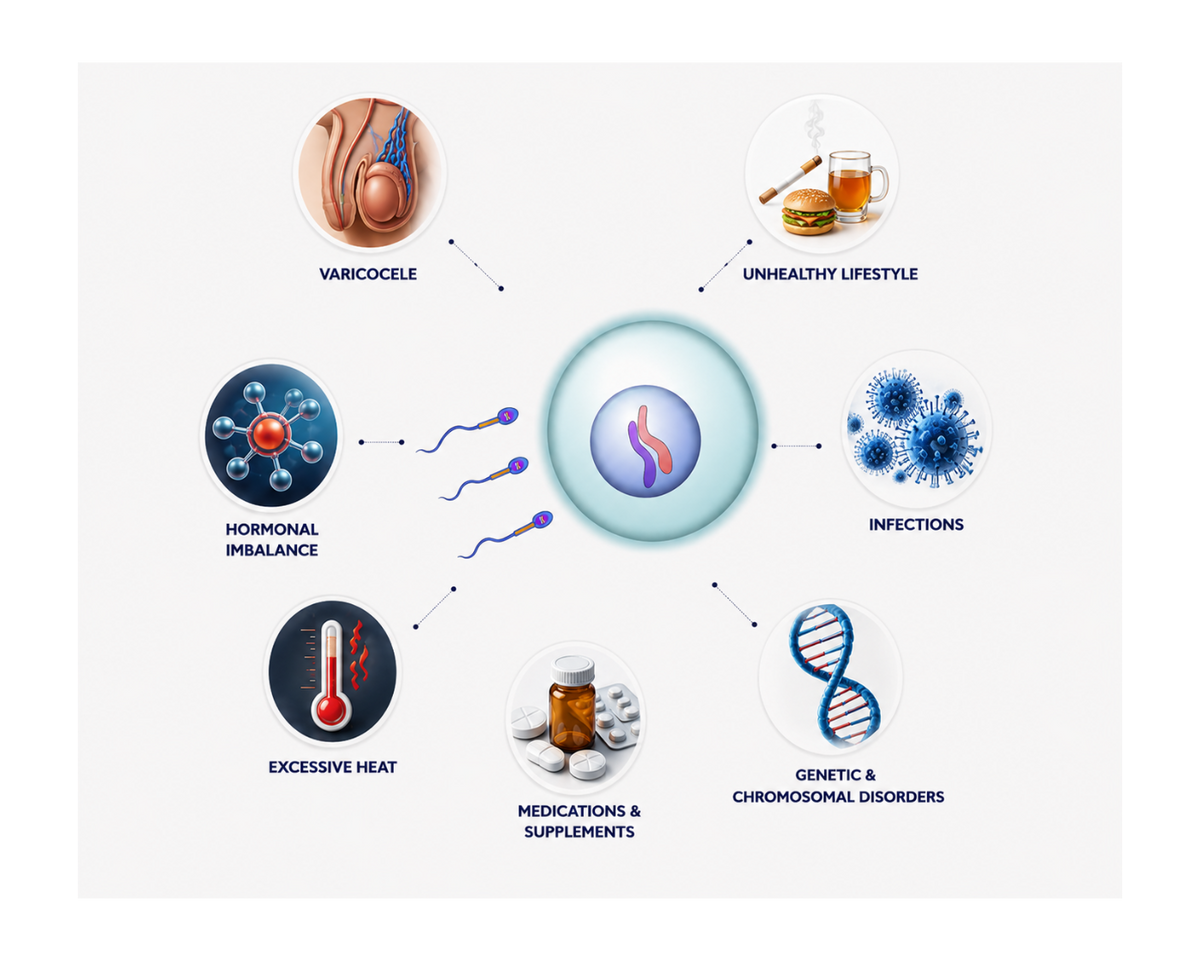 Infographic explaining common causes of oligospermia, including stress, lifestyle, hormones, and health issues.