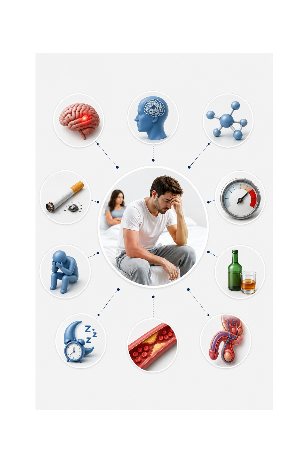 Infographic explaining common causes of premature ejaculation, including stress, anxiety, hormones, and health factors.