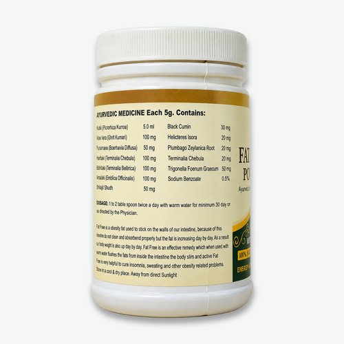 Fat Free Powder Ayurvedic supplement jar showing ingredients, dosage instructions, and product details.
