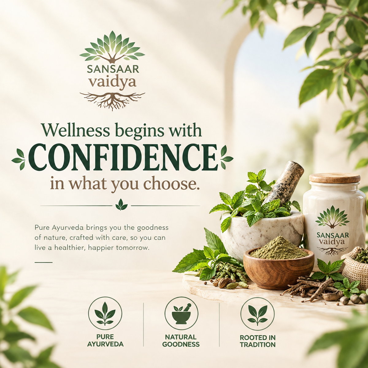 Sansaar Vaidya Ayurvedic wellness branding with natural herbs, traditional remedies, and pure natural goodness.