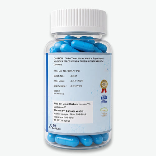Jeevan Dayini herbal supplement bottle with blue capsules and detailed product label.