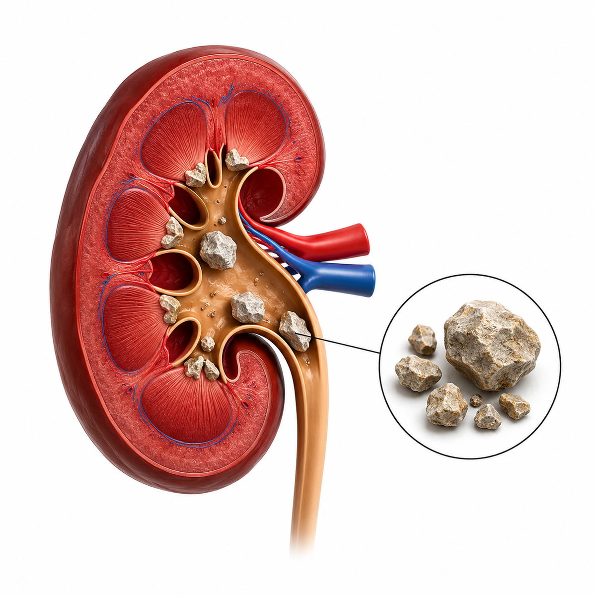 Kidney stones infographic highlighting symptoms, causes, prevention, and Ayurvedic wellness support.