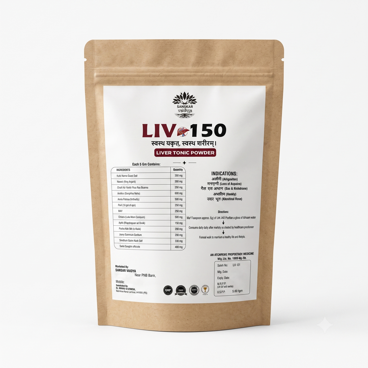 LIV 150 Ayurvedic liver tonic powder pouch showing ingredients, directions, and product details.