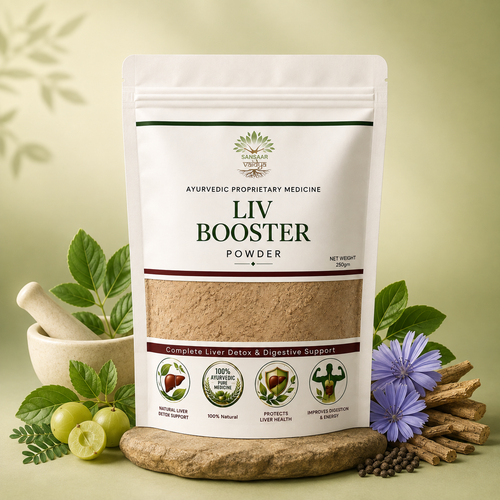 Liv Booster Ayurvedic powder pouch with herbs, amla, botanicals and natural ingredients for wellness.