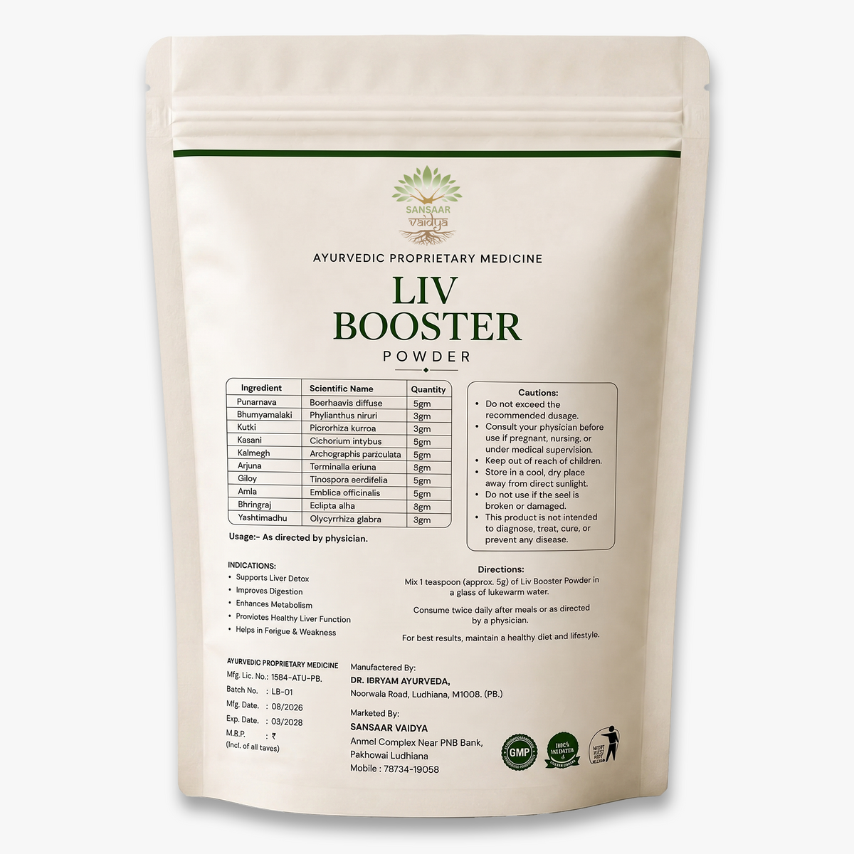 Liv Booster Ayurvedic powder pouch showing product ingredients, usage details, and quality certifications.