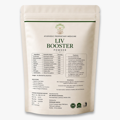 Liv Booster Ayurvedic powder pouch showing product ingredients, usage details, and quality certifications.