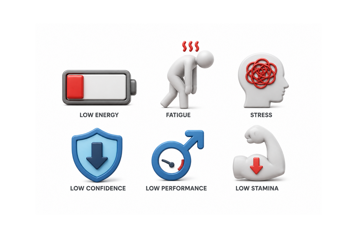 Male wellness infographic highlighting energy, stamina, vitality, reproductive health, and overall well-being.