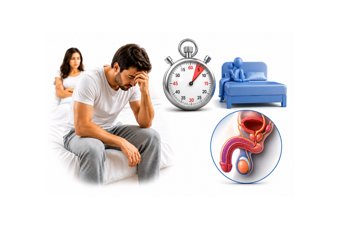 Infographic about premature ejaculation, highlighting causes, symptoms, concerns, and wellness support.