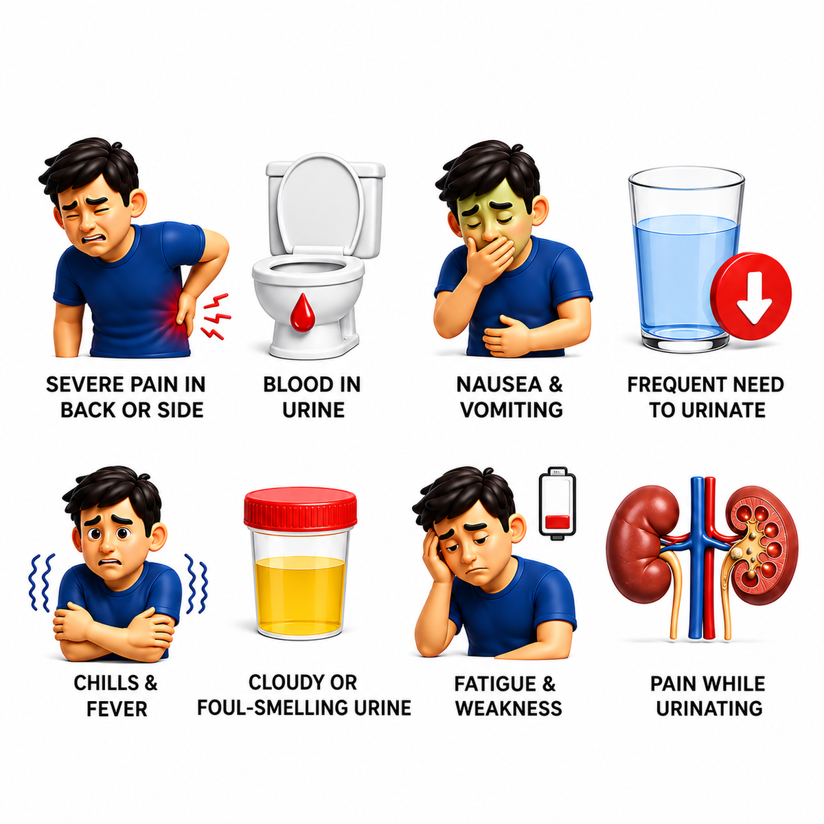 Infographic showing common kidney stone symptoms, including pain, nausea, blood in urine and discomfort.