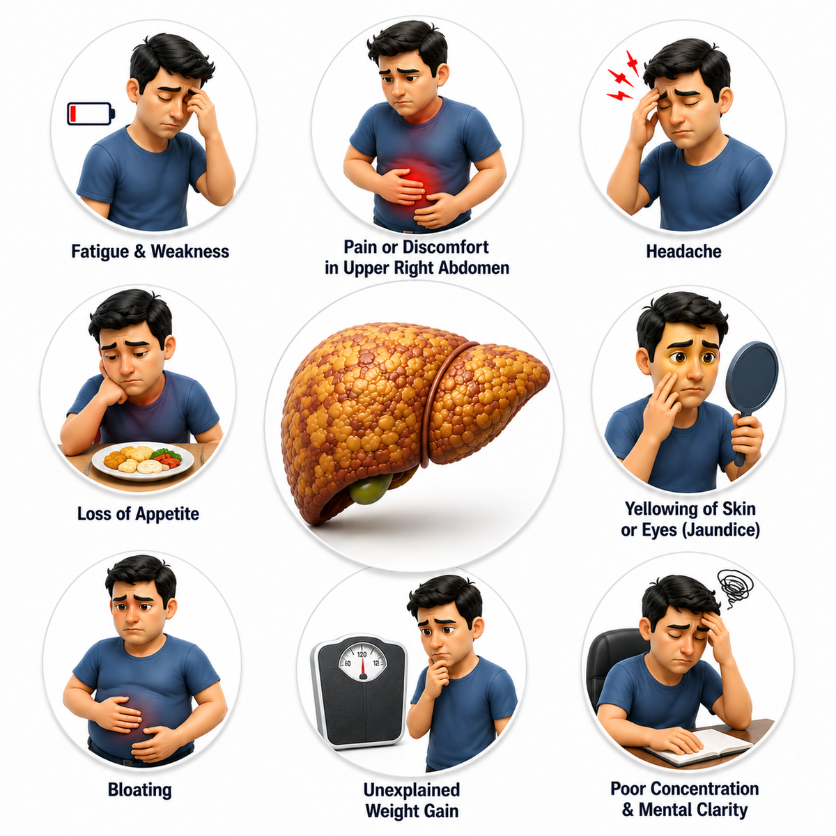 Infographic showing fatty liver symptoms, including fatigue, abdominal discomfort, and digestive issues.