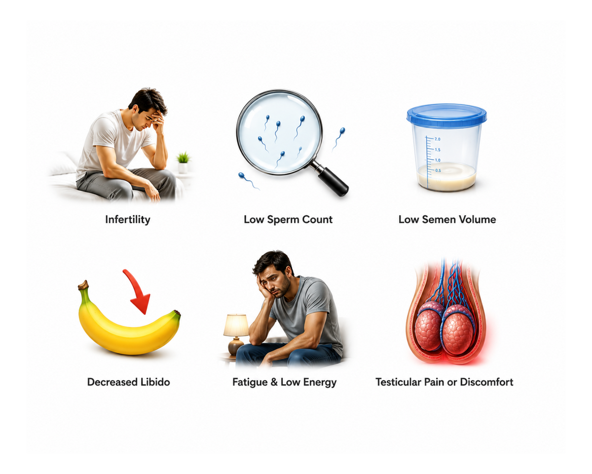 Infographic showing oligospermia symptoms, fertility concerns, hormonal changes, and related wellness signs.