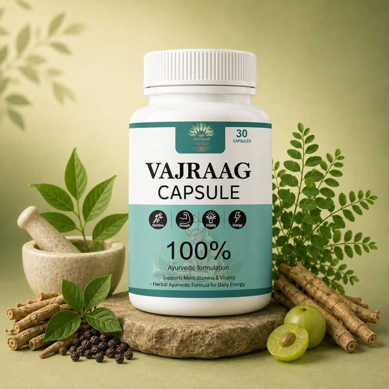 Vajraag Ayurvedic capsules bottle with natural herbs, promoting men’s wellness and vitality.