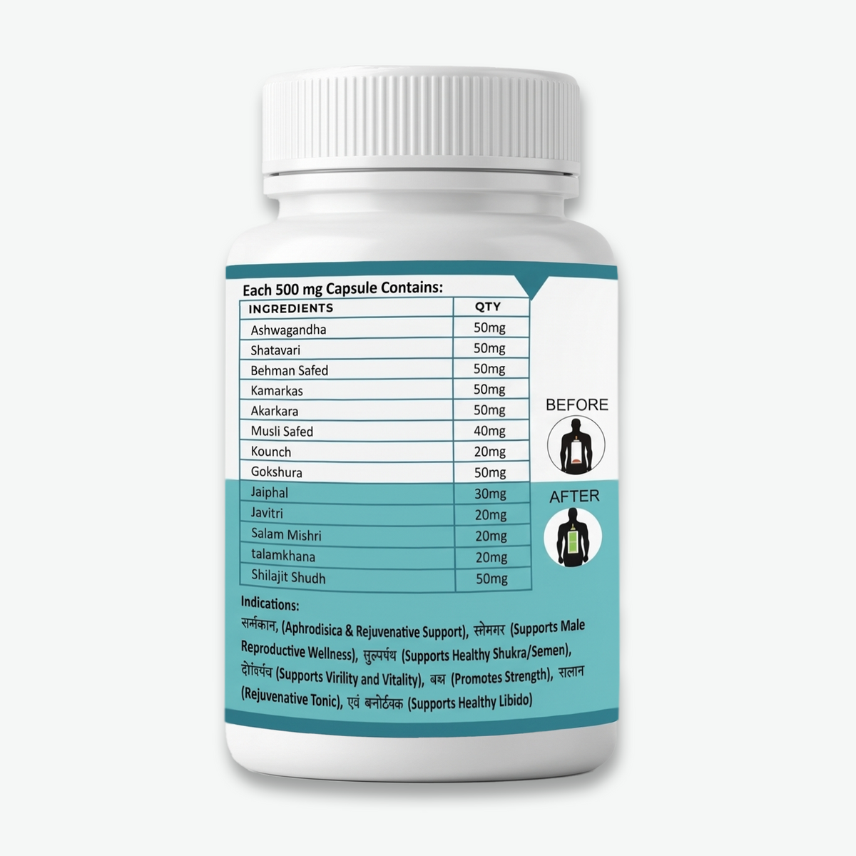 Vajraag Ayurvedic capsules bottle with ingredient details and indications for men’s wellness and vitality.