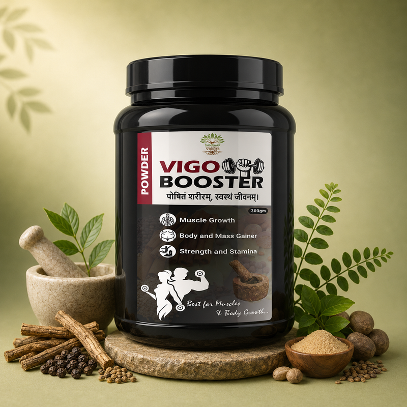 Vigo Booster Ayurvedic powder for men, supporting muscle growth, body mass, strength and stamina.